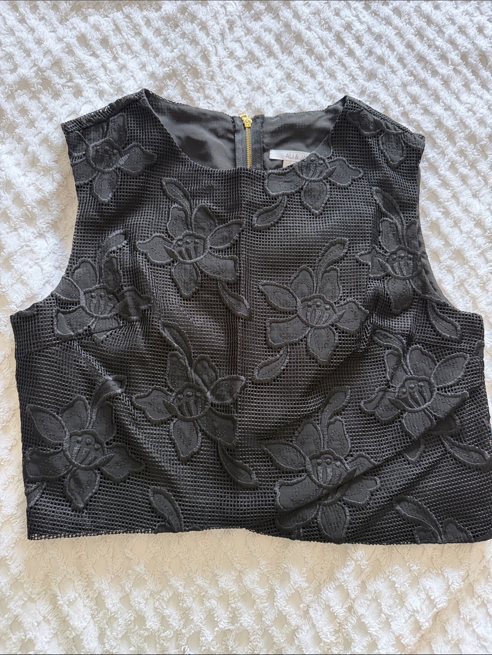 Ali & Jay Floral embroidery Crop Top exposed Gold Tone Zipper